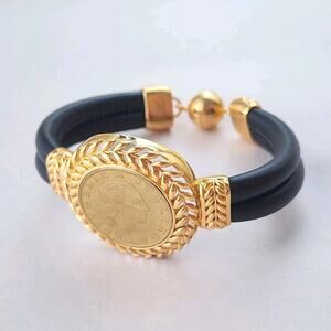 Bellezza Italy Gold Plated 200 Lire 1988 Coin Black Leather Strap Bracelet